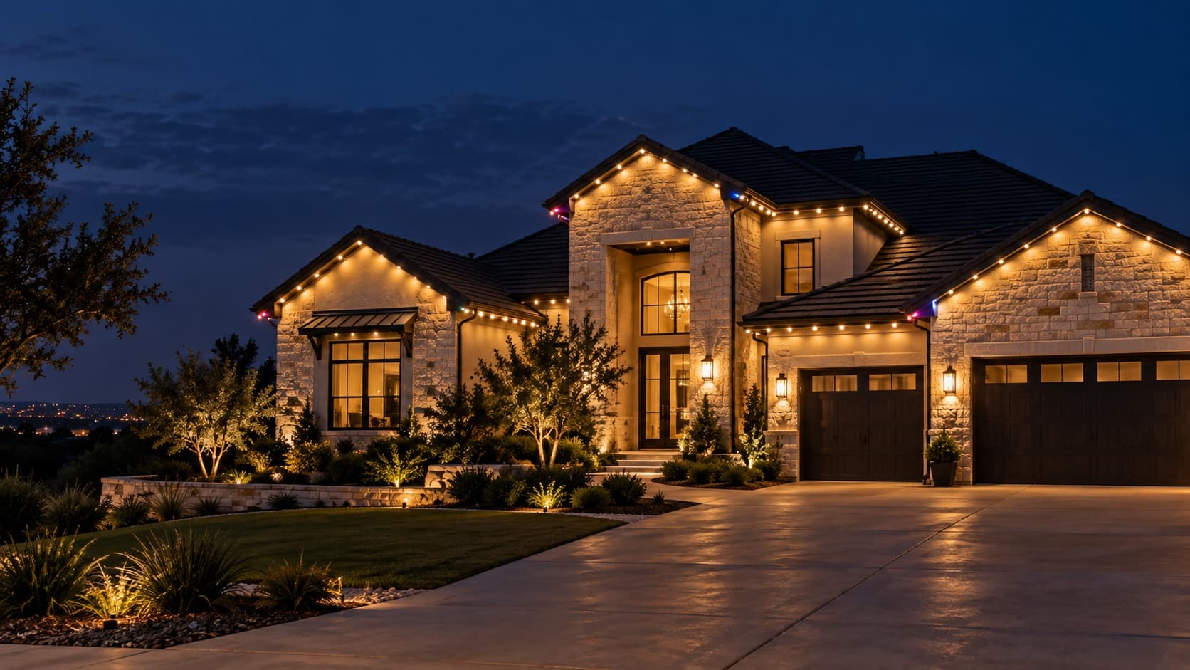 San Antonio home at dusk with tasteful permanent roofline lighting